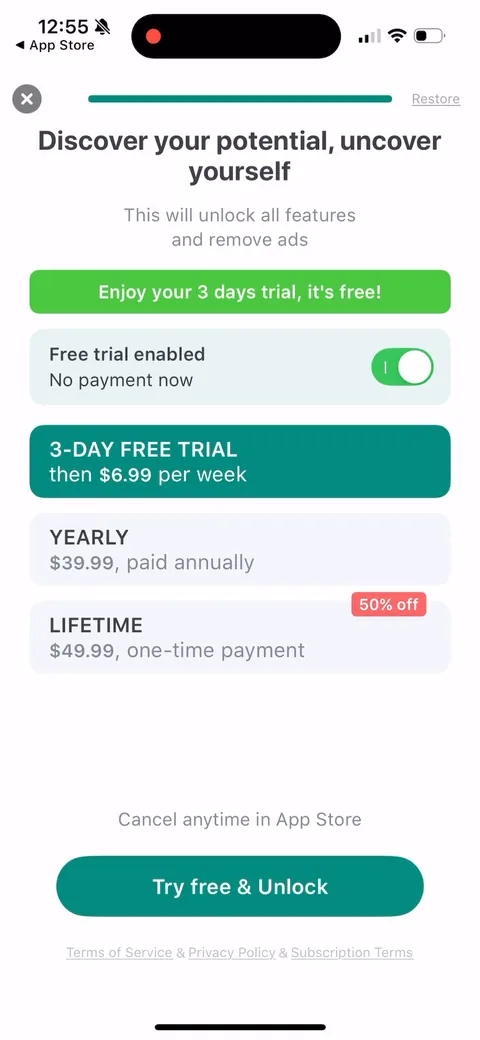 Impulse onboarding screen 26: Flip the trial toggle and the weekly card becomes '3-day free trial, then $6.99/week,' button changes to 'Try…