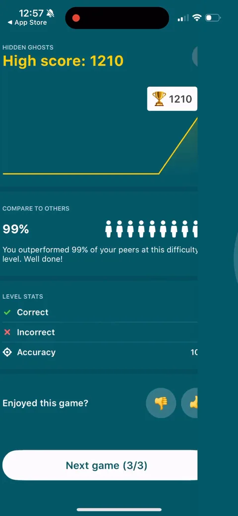 Impulse onboarding screen 68: Game result: 'You outperformed 99% of your peers,' with a high-score graph and a thumbs up/down