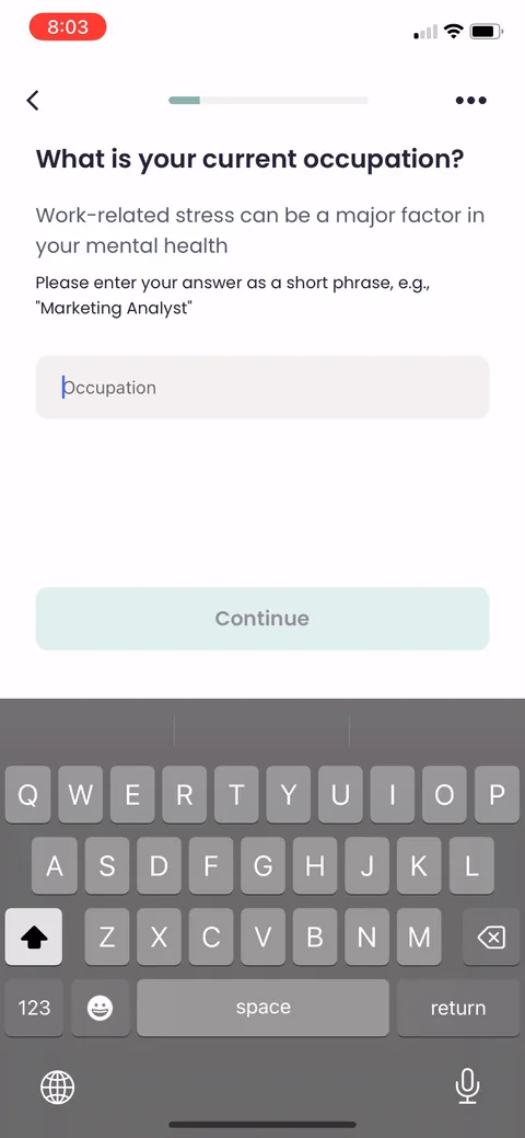 Inflow onboarding screen 8: Occupation question with a line explaining why they ask: 