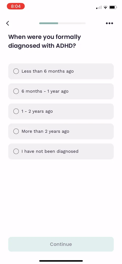 Inflow onboarding screen 15: Diagnosis timing, paired with ADHD type on the next screen