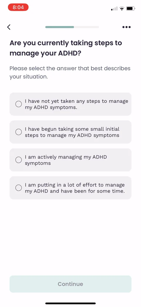 Inflow onboarding screen 17: Stage-of-change question: haven't started vs actively managing