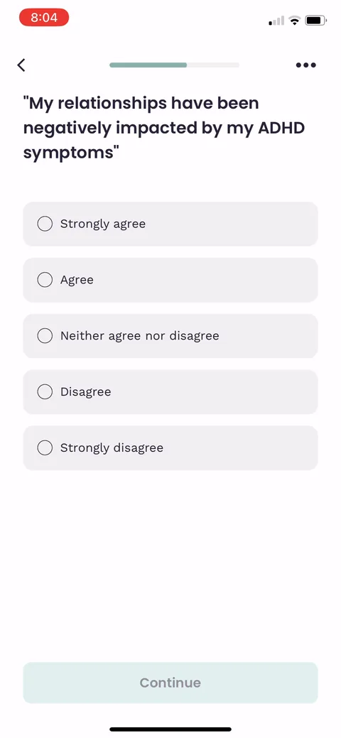 Inflow onboarding screen 18: Start of a long agree/disagree symptom battery