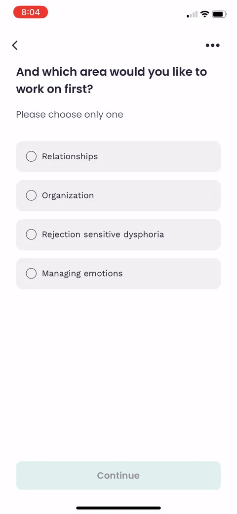Inflow onboarding screen 33: After picking 4 areas they make you rank one first