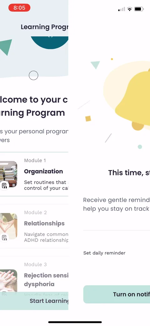 Inflow onboarding screen 47: Daily reminder setup with 