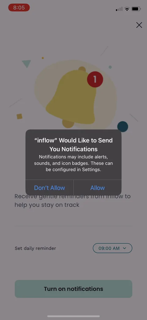 Inflow onboarding screen 49: Notification permission fired right after the reminder setup, so the system prompt reads as a natural yes…