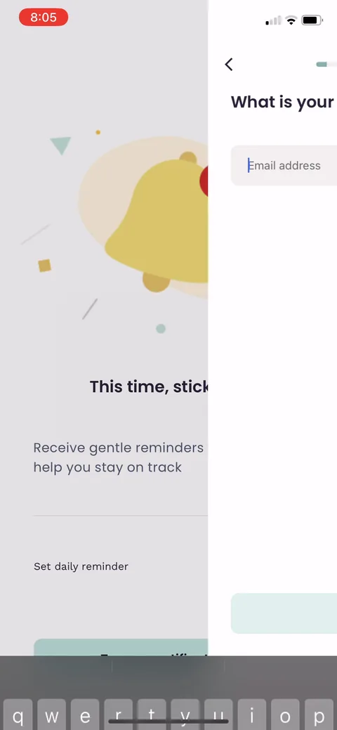 Inflow onboarding screen 50: Email, finally, after the full quiz, the plan reveal, and notifications