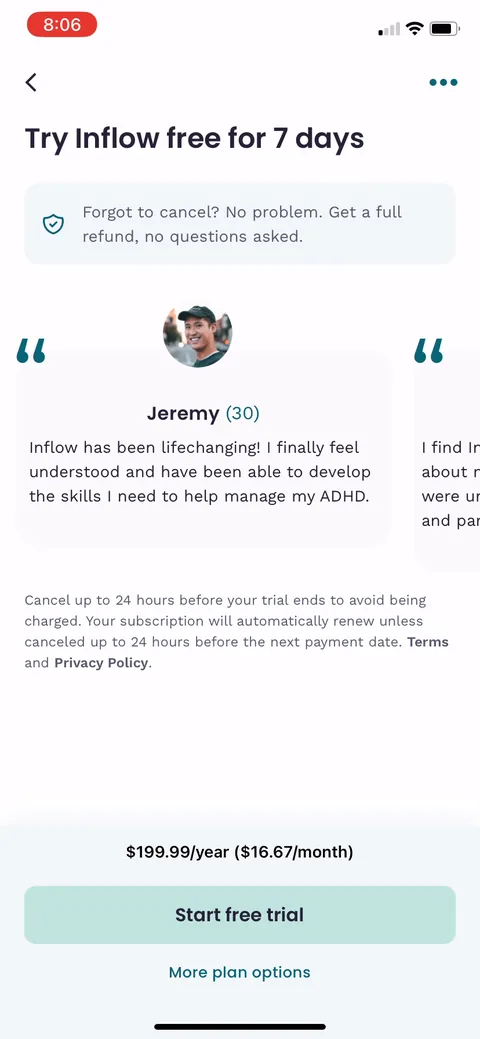 Inflow onboarding screen 68: Paywall defaults to annual at $199.99 ($16.67/mo) with a 7-day trial and a testimonial carousel