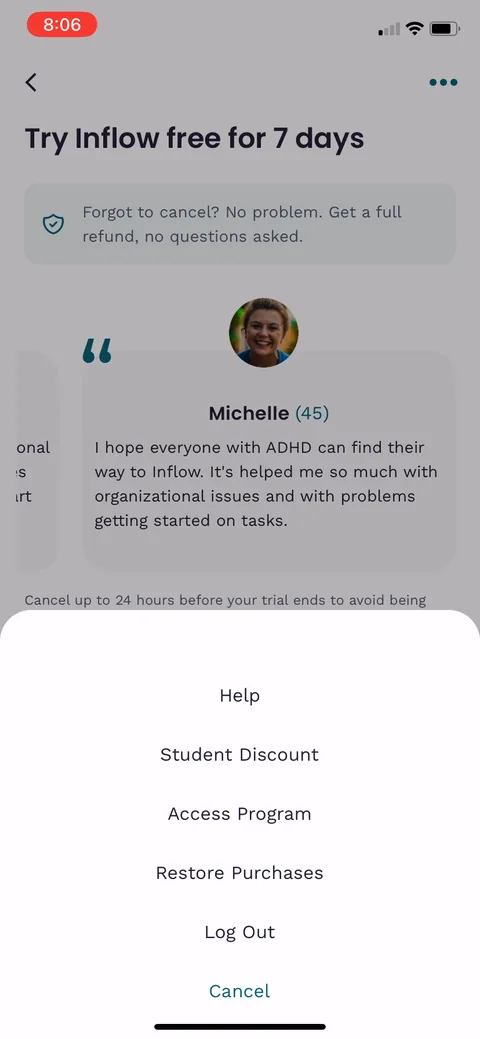 Inflow onboarding screen 75: A help sheet with a 