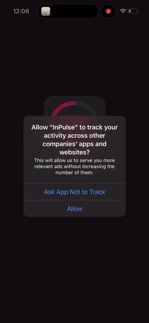 Inpulse onboarding screen 2: ATT on first launch with a purpose string that answers the obvious fear: 'serve you more relevant ads without…