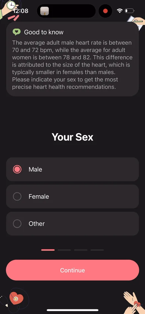 Inpulse onboarding screen 9: Every question comes with a 'Good to know' card: 'The average adult male heart rate is between 70 and 72…