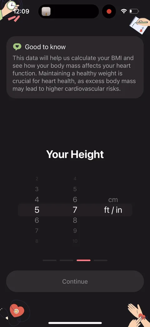 Inpulse onboarding screen 11: Height and weight, justified with BMI and 'higher cardiovascular risks'