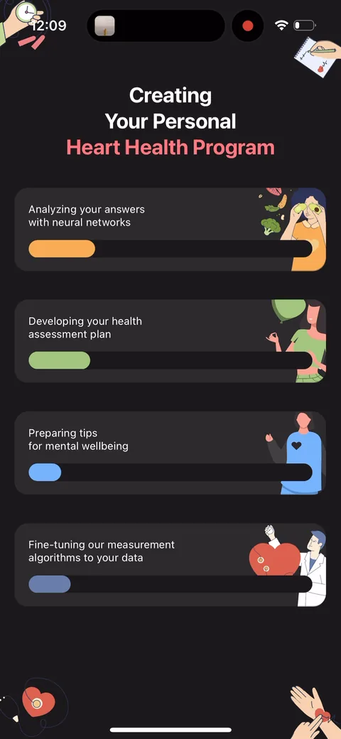 Inpulse onboarding screen 13: 'Creating Your Personal Heart Health Program' with four progress bars, starting with 'Analyzing your answers…