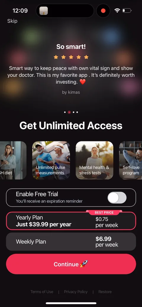Inpulse onboarding screen 16: The top carousel rotates into App Store reviews: 'This is my favorite app, it's definitely worth…
