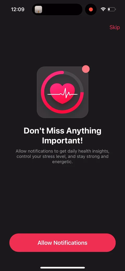 Inpulse onboarding screen 22: Notification pre-prompt after skipping the paywall: 'Don't Miss Anything Important!' The body has real…