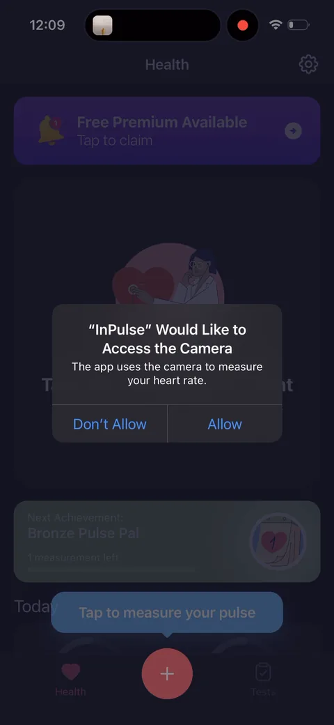 Inpulse onboarding screen 23: Camera permission asked in context, the moment you need it: 'The app uses the camera to measure your heart…