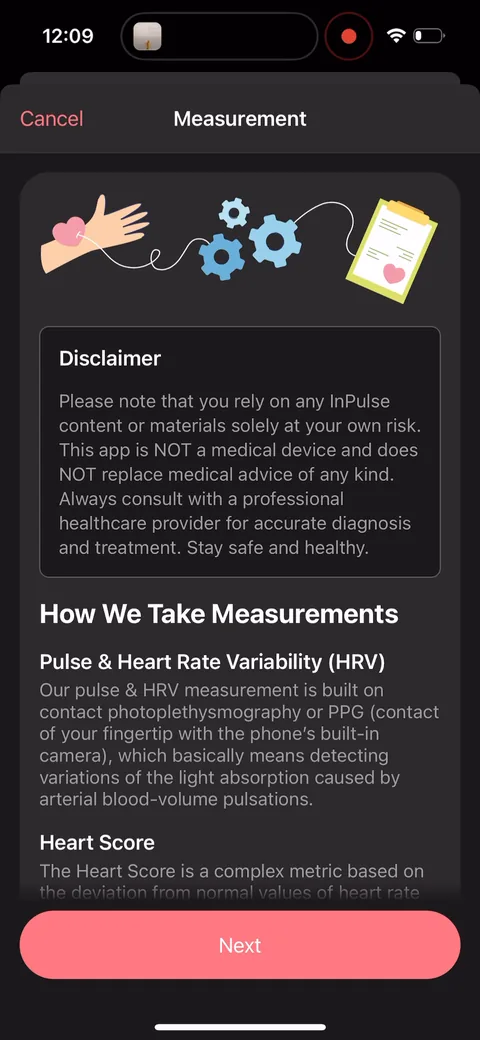 Inpulse onboarding screen 25: A disclaimer ('this app is not a medical device and does not replace medical advice') before the first…