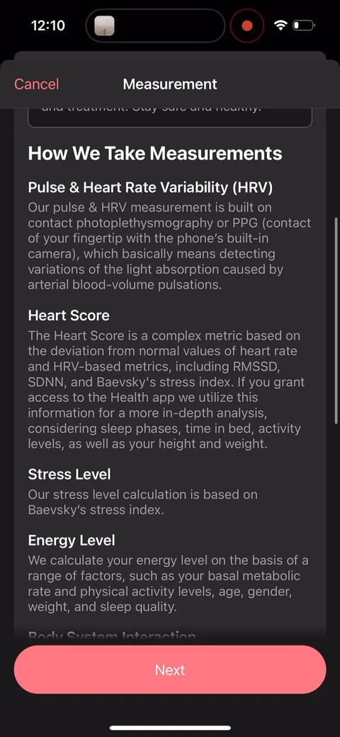 Inpulse onboarding screen 28: 'How we take measurements': photoplethysmography, RMSSD, SDNN, Baevsky's stress index