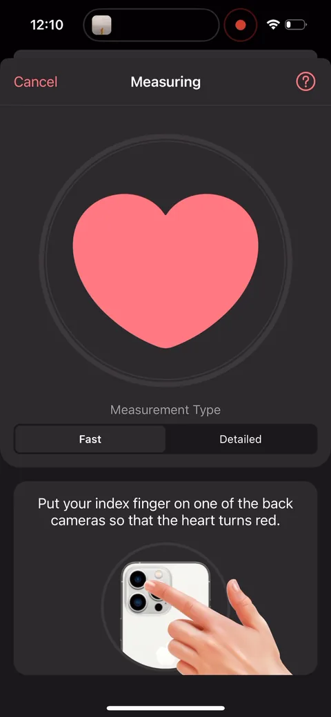 Inpulse onboarding screen 37: 'Put your index finger on one of the back cameras so that the heart turns red.' Fast vs Detailed modes, and…
