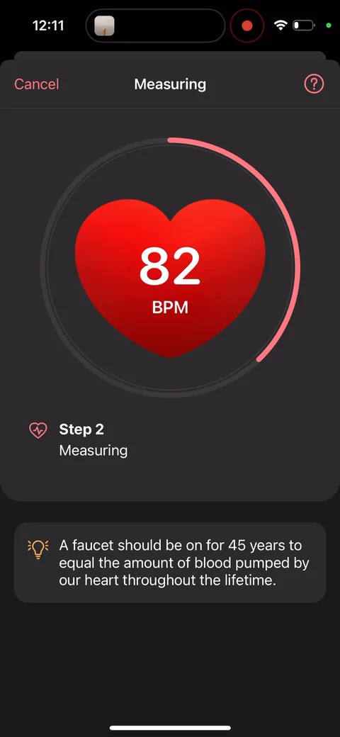 Inpulse onboarding screen 48: 'Step 2 measuring' with a live BPM count