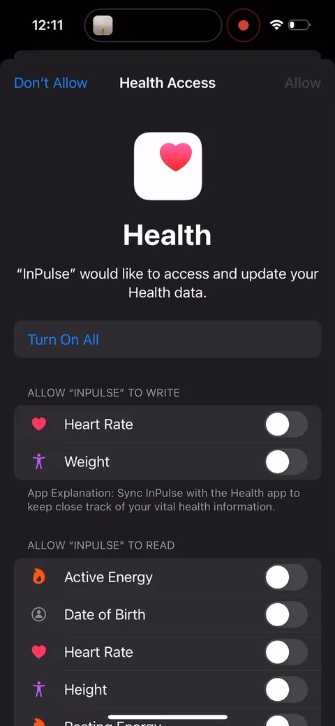Inpulse onboarding screen 51: Apple Health access asked right after the first measurement, once you've seen it work