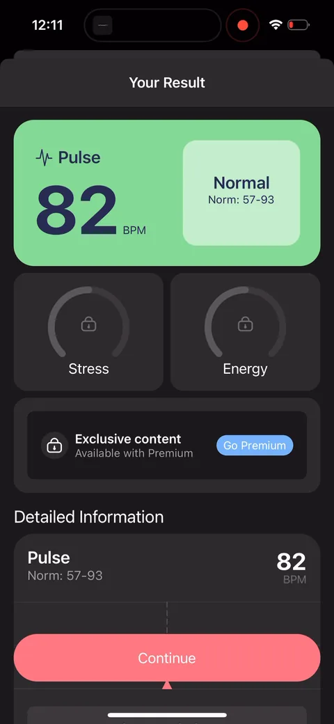 Inpulse onboarding screen 54: 'Your result': Pulse 82, Normal, free