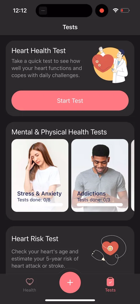 Inpulse onboarding screen 66: Tests tab: a heart risk test to 'estimate your 5-year risk of heart attack or stroke', plus stress, anxiety…