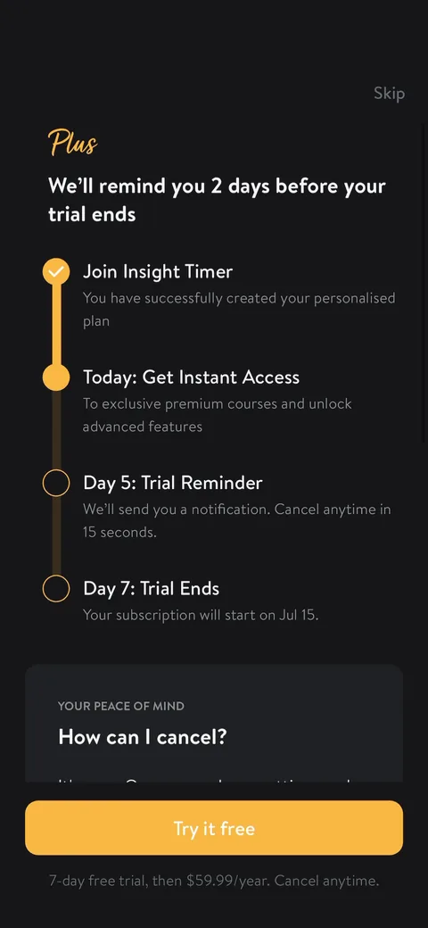 Insight Timer paywall with pricing, onboarding screen 35