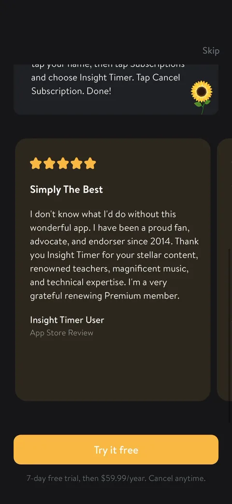 Insight Timer onboarding screen 36: Scroll down and you get an App Store review (