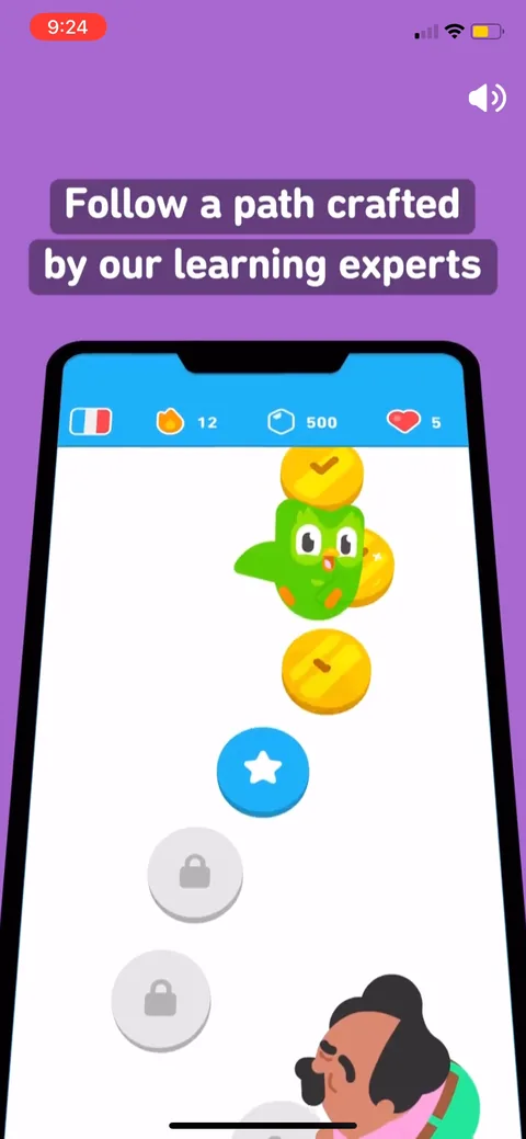 Introduce New Duolingo onboarding screen 5: Leading with 'follow a path crafted by our learning experts' is an authority play
