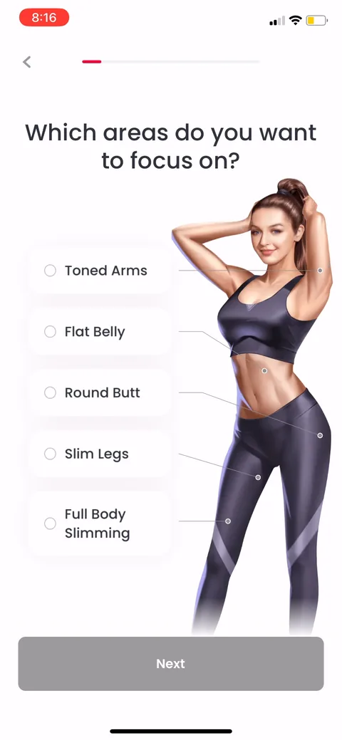 Justfit onboarding screen 8: Focus-area picker (toned arms, flat belly, round butt)