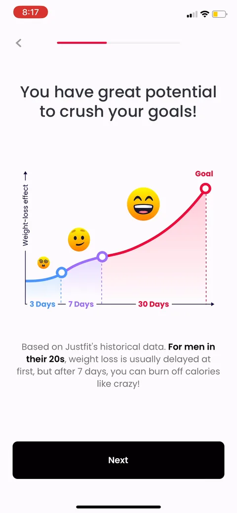 Justfit onboarding screen 18: A projection curve personalized to 