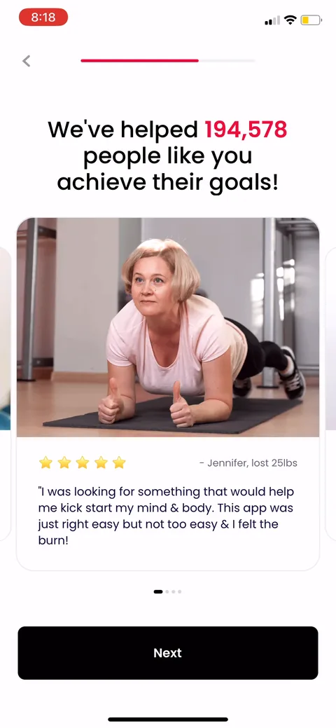 Justfit onboarding screen 30: A five-star testimonial dropped into the middle of the quiz (Jennifer, lost 25lbs)