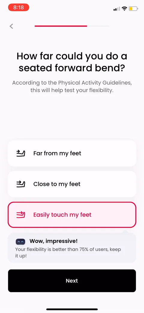 Justfit onboarding screen 32: After the flexibility question they tell you 
