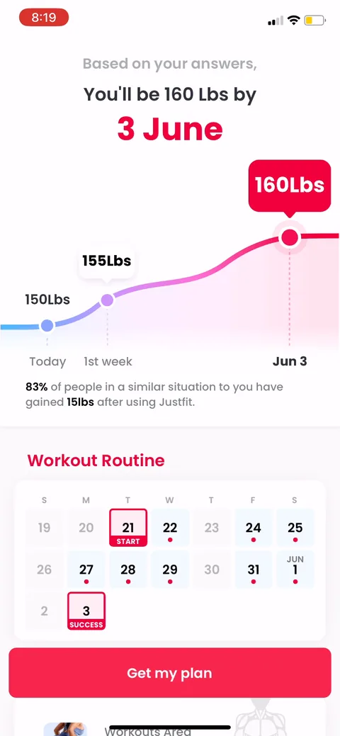 Justfit onboarding screen 55: The payoff screen: a calendar with a marked 