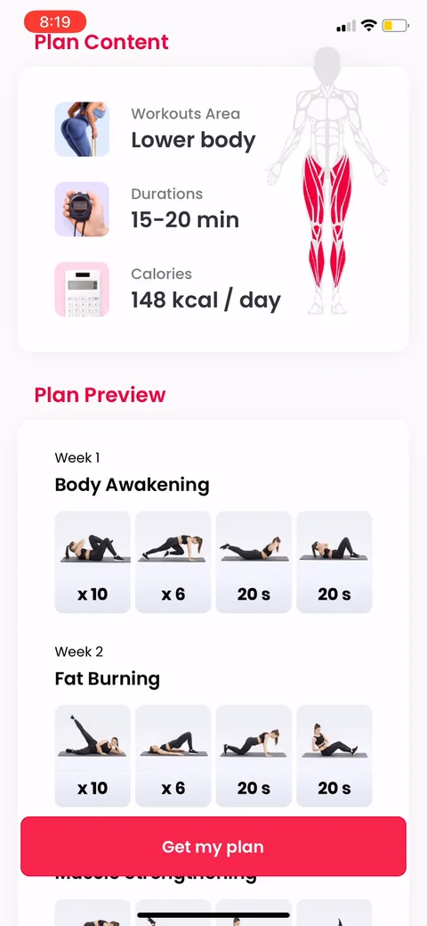 Justfit onboarding screen 56: Week-by-week plan preview before the paywall (body awakening, fat burning, week 1 to 4)