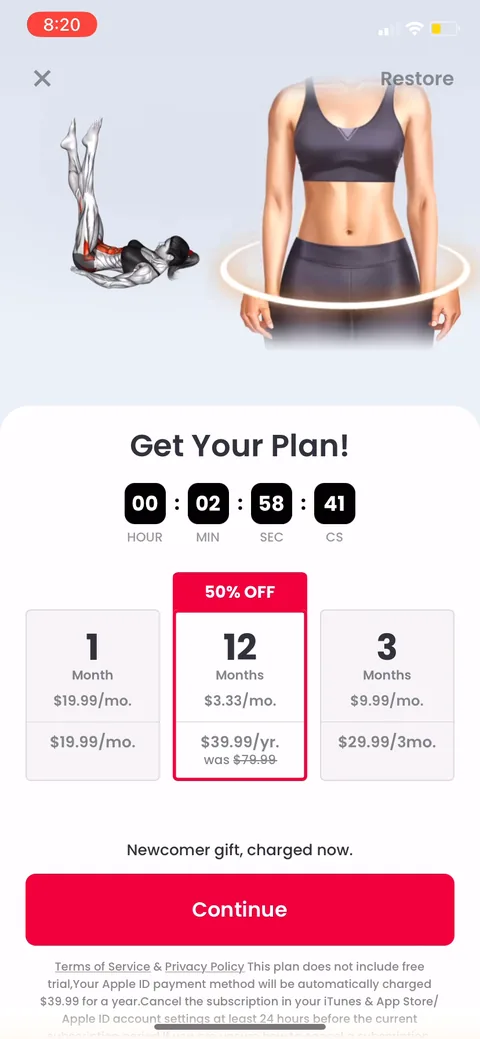 Justfit onboarding screen 68: The next offer adds a countdown timer and 50% off with $79.99 struck through