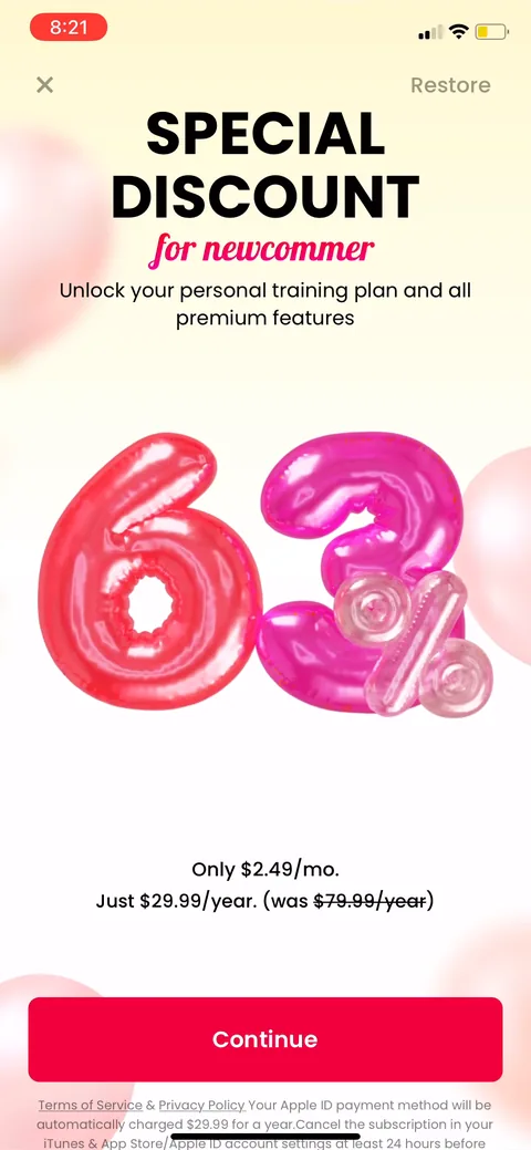 Justfit onboarding screen 88: Third offer, now 63% off at $2.49/mo