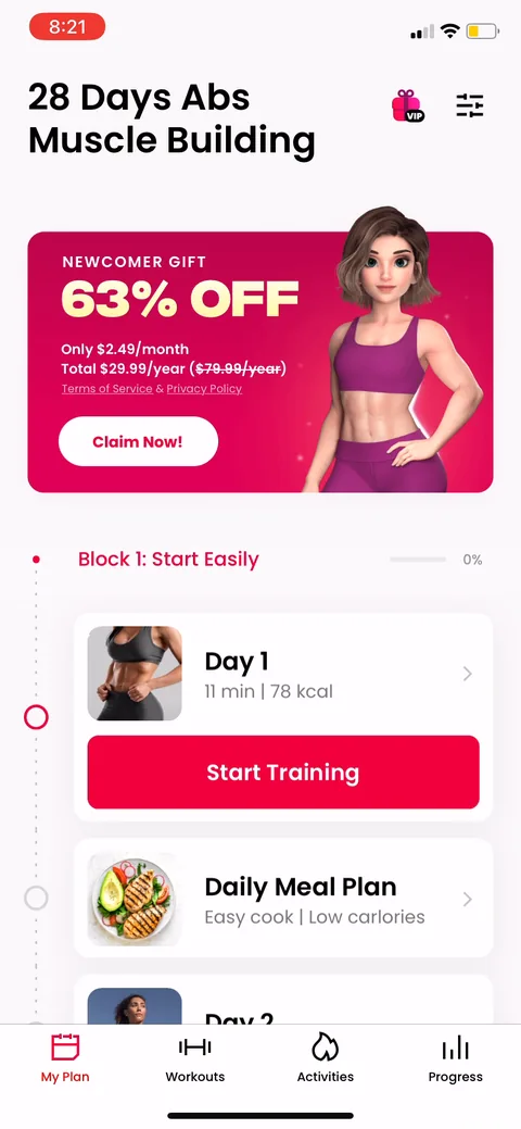 Justfit onboarding screen 89: Post-paywall home still leads with the 63% off banner sitting on top of Day 1 / Start Training