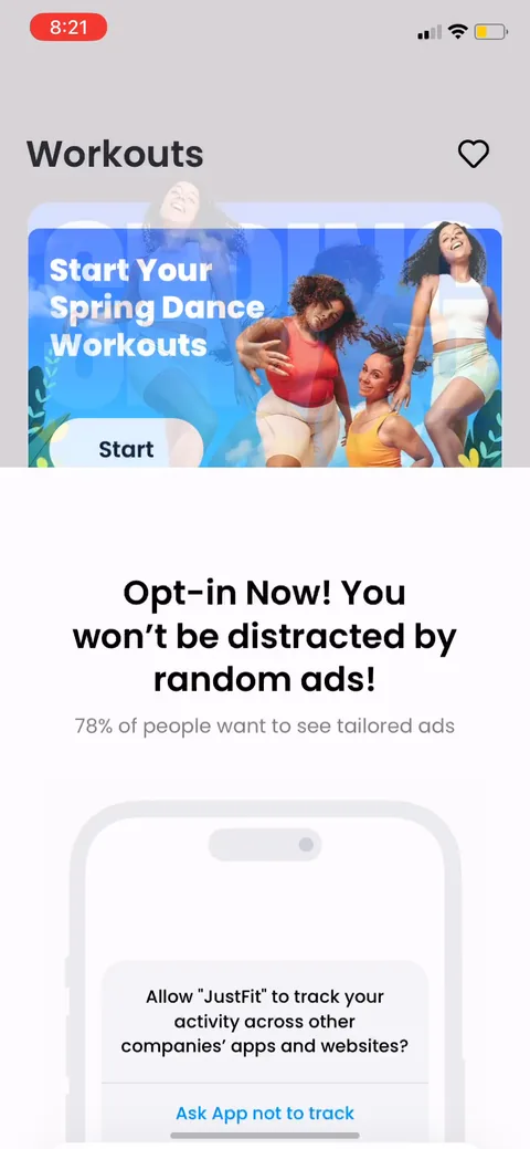 Justfit onboarding screen 93: The ATT prompt is pre-framed as 