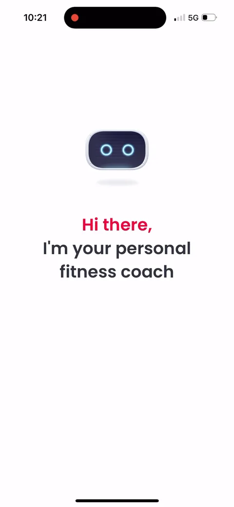 Justfit onboarding screen 3: 'Hi there, I'm your personal fitness coach.' Framing the app as a coach reads higher value than 'workout…