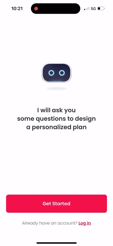 Justfit onboarding screen 4: Signup is optional ('already have an account, log in') and they don't force account creation before the quiz