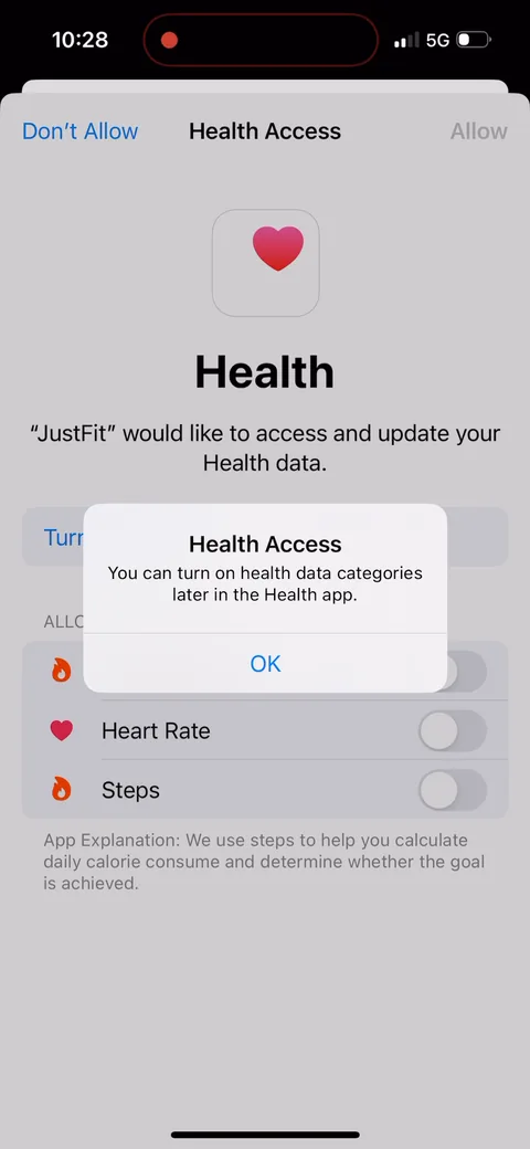 Justfit onboarding screen 117: Health permission asked late, with a clear why ('we use steps to calculate calories')
