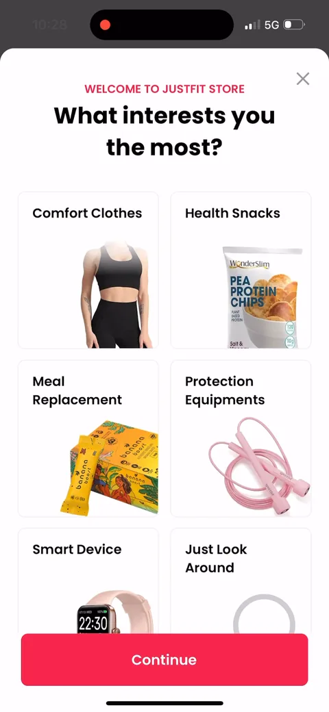Justfit onboarding screen 118: An in-app store ('what interests you most': snacks, equipment, smart devices) bolted onto onboarding