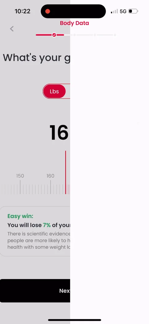 Justfit onboarding screen 12: Right after you enter your weight they reassure: 'you will lose 7%' and 'scientific evidence people are more…