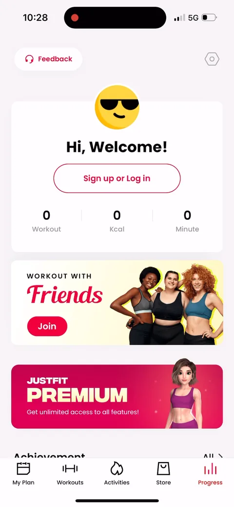 Justfit onboarding screen 120: Signup finally shows up here ('sign up or login'), well after value and still optional