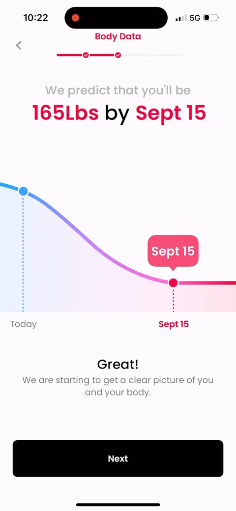 Justfit onboarding screen 18: Projects a dated target ('165lbs by Sept 15') from your inputs