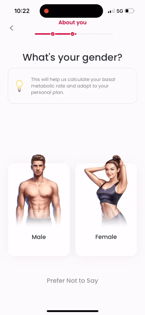 Justfit onboarding screen 20: Gender question explains why it's asked ('to calculate your basal metabolic rate')