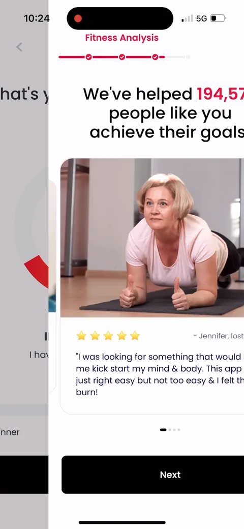 Justfit onboarding screen 44: Testimonials drop in mid-quiz: 'we've helped 194,578 people like you,' Jennifer lost 25lbs