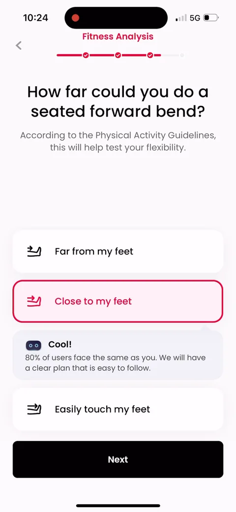 Justfit onboarding screen 50: 'Cool, 80% of users face the same as you, we'll have a plan that's easy to follow.' Normalizes wherever you…