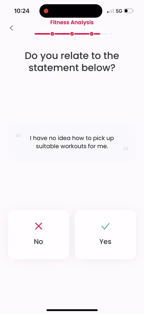 Justfit onboarding screen 51: Agree/disagree on 'I have no idea how to pick suitable workouts for me.' Psychographic questions that get you…